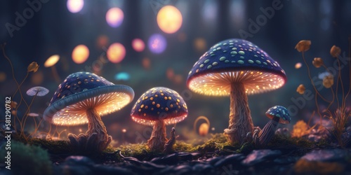 Digital Illustration of a Magical Fantasy Glowing Mushrooms in a Forest Setting. Concept Illustration, Magic Mystery and the Unknown. Made in part with generative AI. 