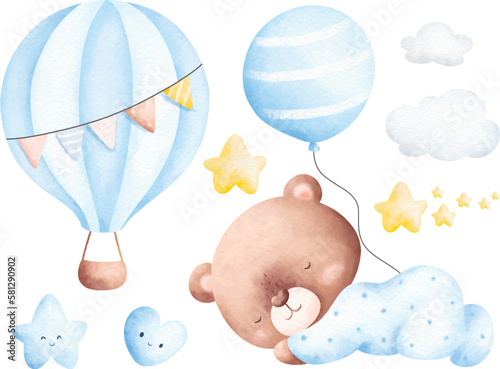 Watercolor illustration set of baby teddy bear and nursery elements