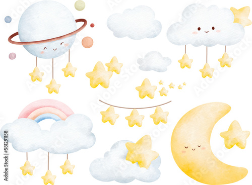 Watercolor illustration set of nursery elements