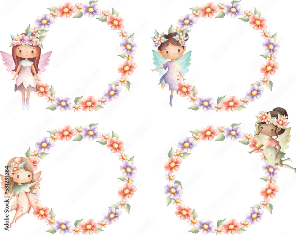 Watercolor illustration set of Flower frame with fairy