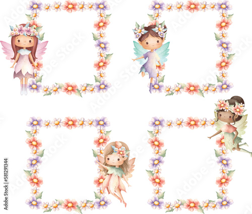 Watercolor illustration set of Flower frame with fairy