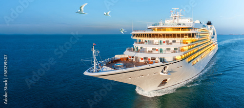 Cruise Ship, Cruise Liners beautiful white cruise ship above luxury cruise in the ocean sea at early in the morning time concept exclusive tourism travel on holiday take a vacation time on summer