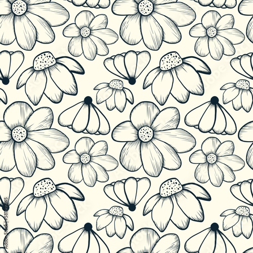 Hand drawn sketch flower seamless pattern. line art flower background.