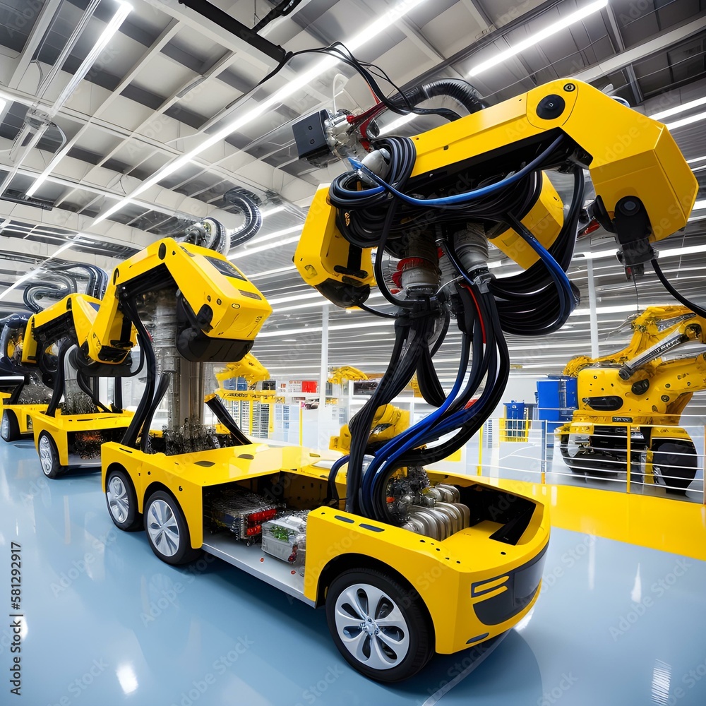 assembly of electric vehicles on the conveyor, robots, new technologies, fantasy, generated in AI