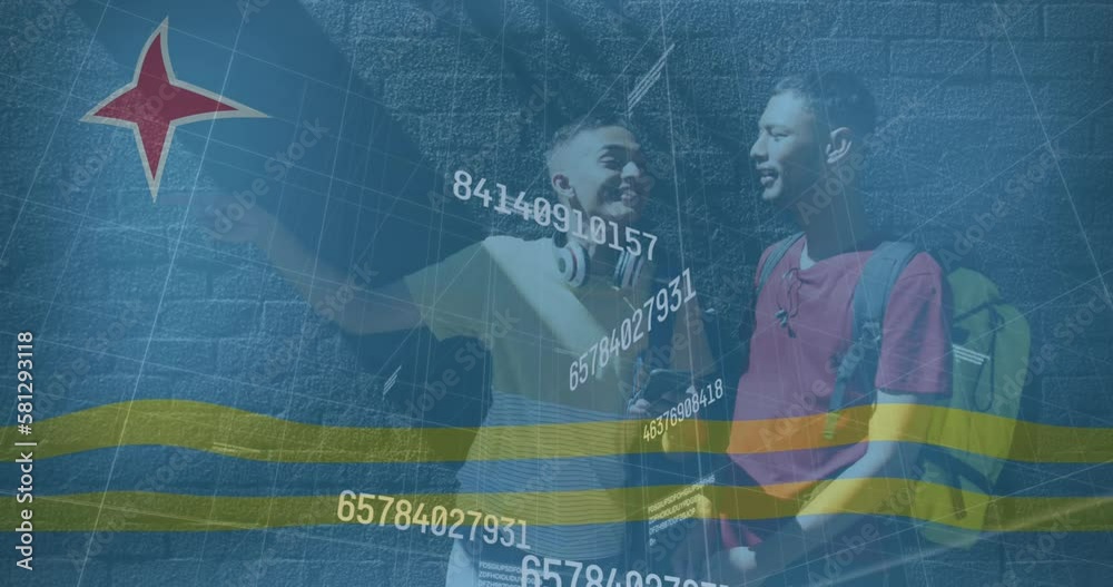Animation of flag of aruba over data processing and happy biracial male friends talking Animation of flag of aruba over data processing and happy biracial male friends talking