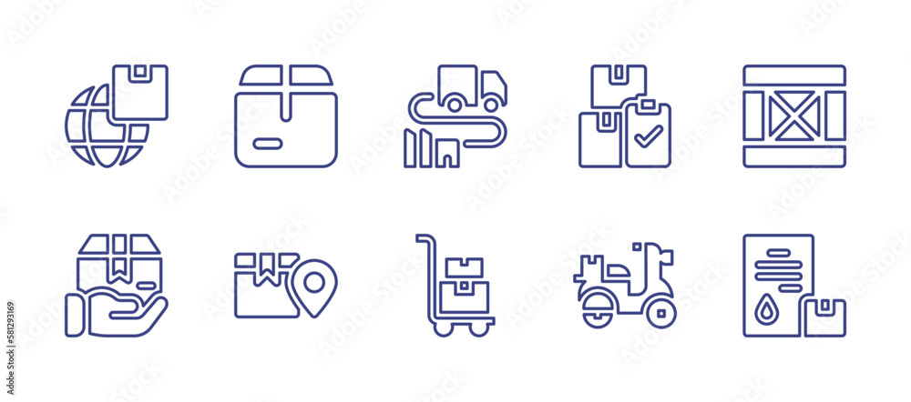 Logistics line icon set. Editable stroke. Vector illustration. Containing worldwide shipping, box, distribution, verification, wooden box, logistics, trolley, delivery.