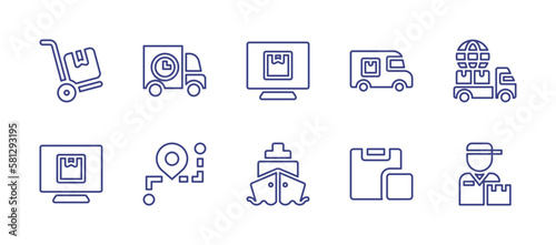 Logistics line icon set. Editable stroke. Vector illustration. Containing trolley cart, logistics, computer, delivery van, supply chain, route, ship, box, logistics delivery.