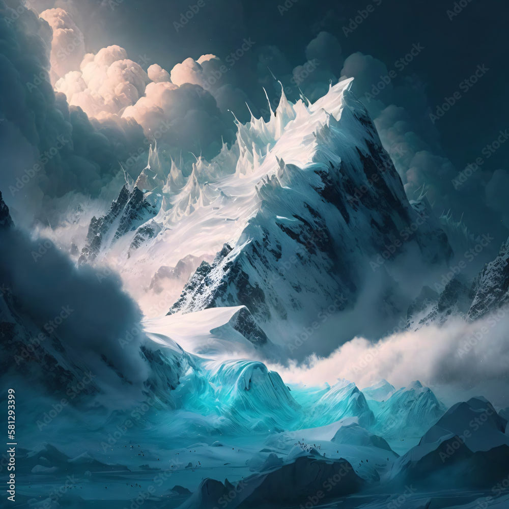 snowy spiked mountains concept art illustration Generative Ai