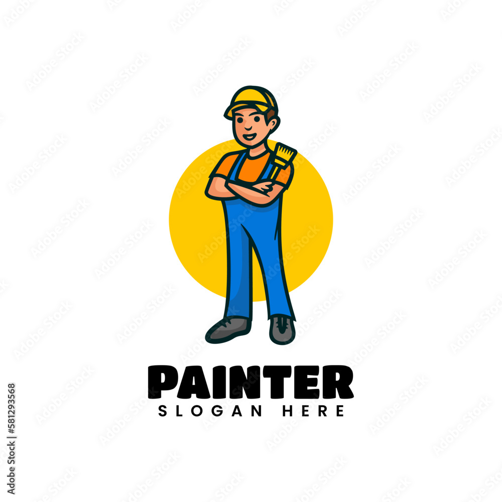 Vector Logo Illustration Painter Mascot Cartoon Style.