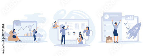 Project implementation concept, Project initiation and closure, workflow process, business analysis, vision and scope, management software, set flat vector modern illustration