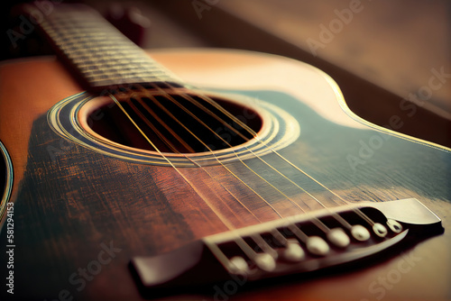 Awesome Close up shot photo of classic acoustic guitar with filter effect retro vintage style. Generative Ai