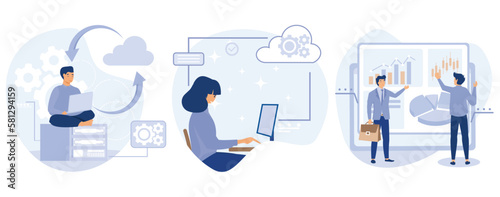 Information management concept. Backup server, cloud based engine, dashboard service, virtual machine application, key performance metrics, set flat vector modern illustration 