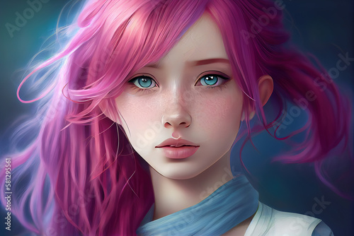 Close up of portrait of a beautiful japanese anime girl that has pink hair with vivid blue eyes, Generative ai