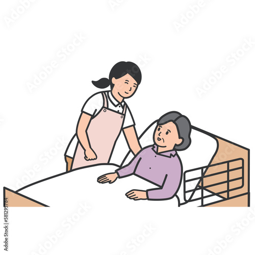 ベッドのシニア女性に微笑む女性介護士のイラスト