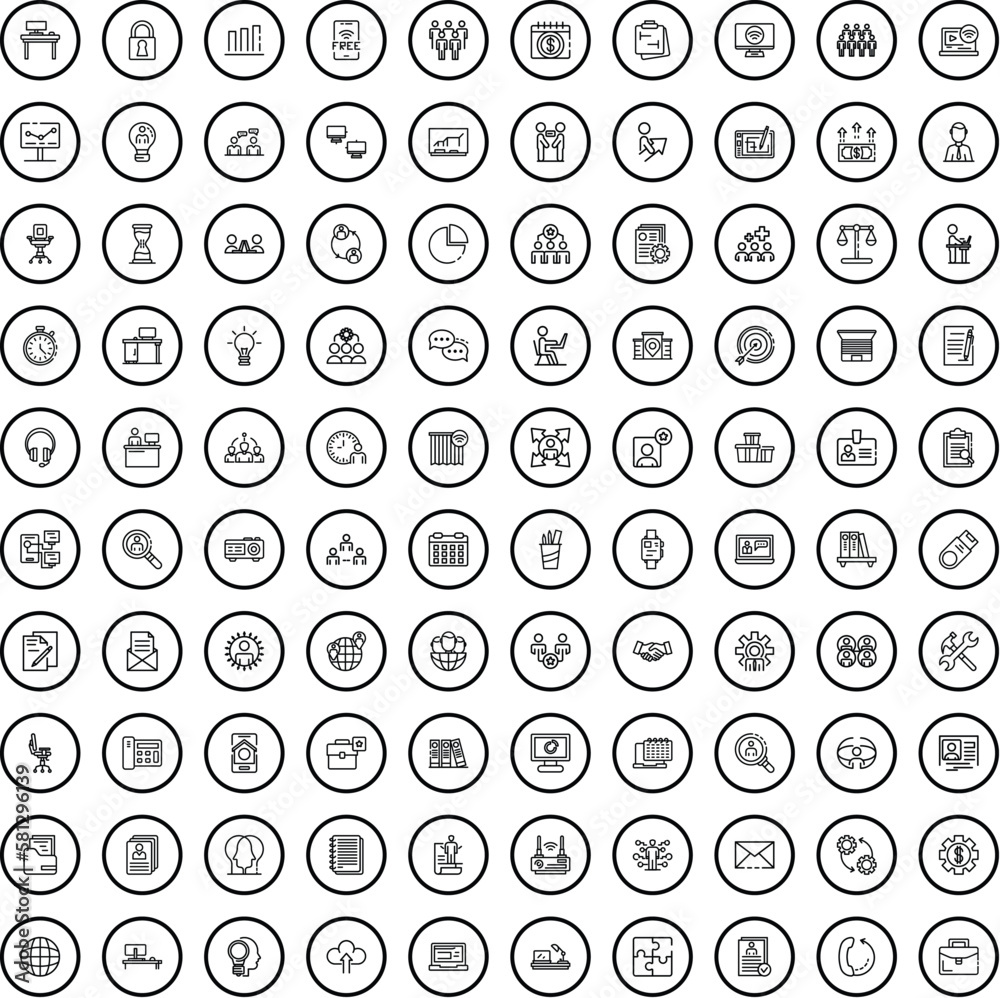 100 workspace icons set. Outline illustration of 100 workspace icons vector set isolated on white background