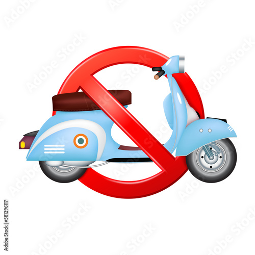 Fast motorcycle red stop circle symbol. No allow moto cycle road sign. Motor bike prohibited. Icon 3D file PNG.
