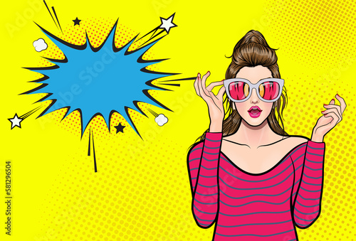 Surprised Sexy Girl with Open Mouth in Sunglasses in Cartoon Style Amazing Woman Saying Wow Pop Art Girl Shocked Face