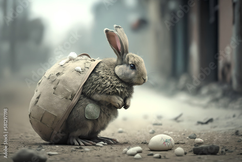 Sad easter bunny trying to find people to give easter eggs to in a war devestated town in Ukraine photo