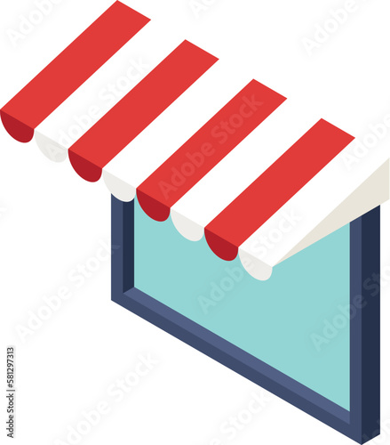 Cafe window icon isometric vector. Large square window with striped canopy icon. Exterior, construction and repair concept