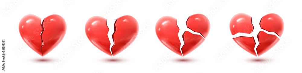 3d realistic vector icon set. Read heart cracked and  broken. Isolated.