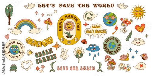 Retro earth cartoon character planet stickers in trendy retro cartoon style. Sticker pack for Earth or World Environment Day. Funny vector illustration of planet Earth. Eco green labels or badges.