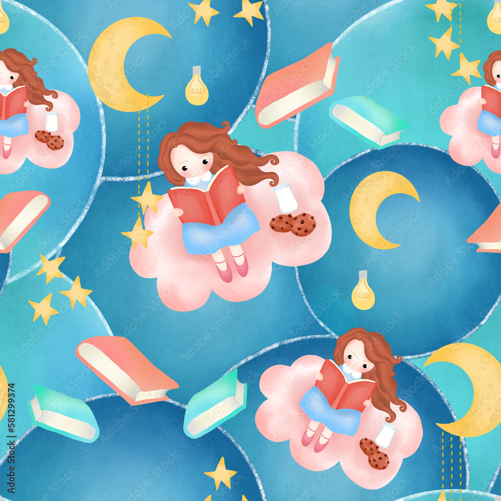 Obraz premium seamless digital art illustration little girl read a book on cloud with moon star on circle background for texture, wrapping paper, textile card wallpaper fairytail concept