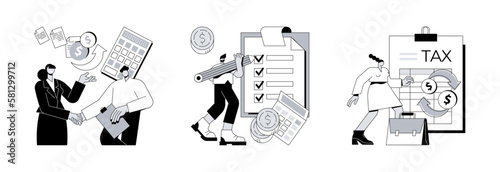 Tax agent service abstract concept vector illustration set. Accountant appointment, filing the taxes, money refund, income statement and financial audit, e-file online software abstract metaphor.