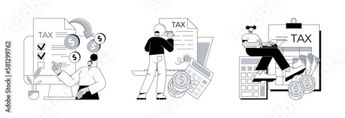 Filing taxes by yourself abstract concept vector illustration set. Filing tax return software, electronic documents, gather paperwork, e-file earnings statement, IRS form abstract metaphor.