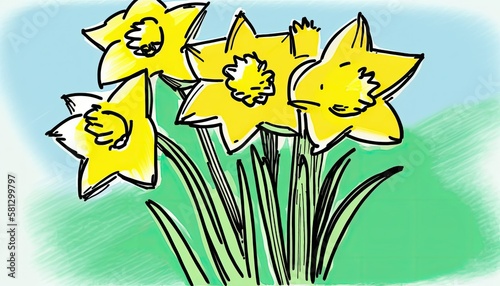 Beautiful Colorful Artistic Designer Easter Daffodils Hand Drawn by Kid for Desktop Background or Digital Device  Holiday Celebration of Happiness  Joy  Cheerfulness generative AI