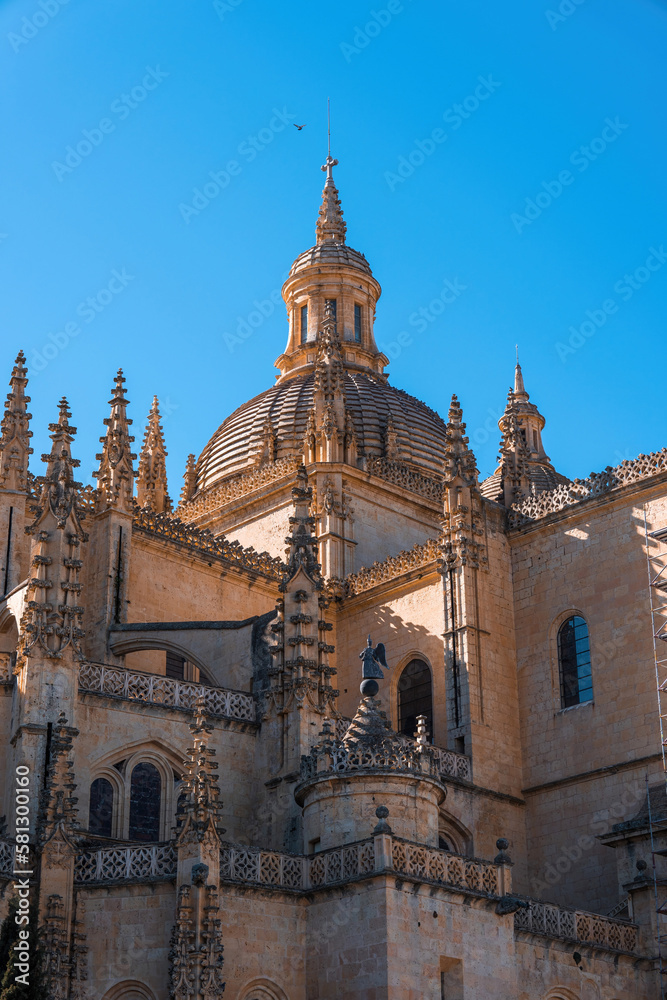 Looking up at the dome and spires of the Segovia Cathedral