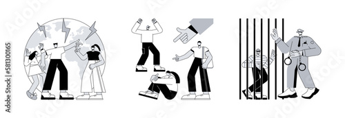 Unlawful behavior abstract concept vector illustration set. Social conflict, violence at school, juvenile delinquency, teenage crime, vandalism act, social relations, bullying abstract metaphor.