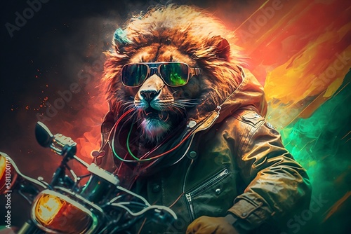 Lion on Motorbike, wearing sunglasses, Cool, Abstract design photo