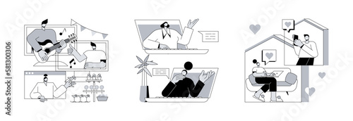 Isolation entertainment abstract concept vector illustration set. Self-isolation party, online friends party, virtual dating, zoom videoconference, virtual chat, social network abstract metaphor.