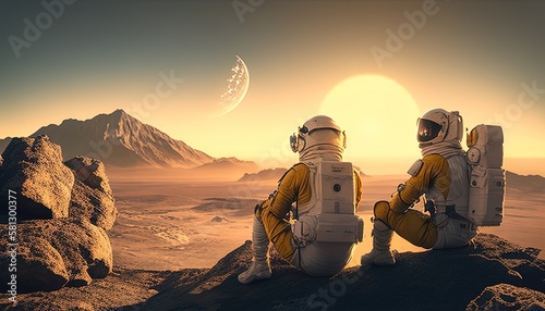 two astronaut sitting together on a rocky outer space digital art illustration, Generative AI
