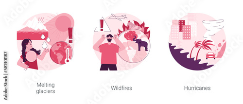 Natural disaster abstract concept vector illustration set. Melting glaciers, wildfires and hurricanes, raising sea level, global warming, forest fires, tropical storm abstract metaphor.