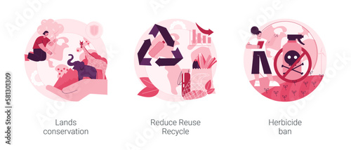 Nature protection abstract concept vector illustration set. Lands conservation, Reduce Reuse Recycle, herbicide ban, waste management, organic farming, green agriculture, upcycling abstract metaphor.