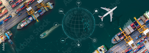 Aerial view and top view cargo plane flying above ship port coverage world map import-export business and logistics international goods. Shipping cargo to harbor by crane