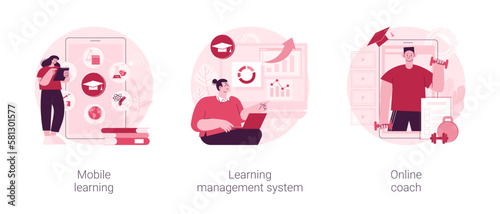 Learning management system abstract concept vector illustration set. Mobile learning application, online coach, software application, training course, tutor program classroom access abstract metaphor.