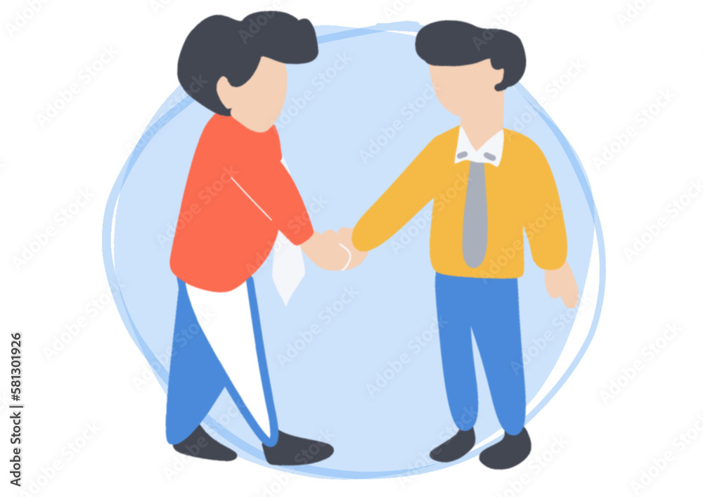 flat design businessman shake hands and congratulations with employee who work successfully. data analytics and marketing planning. goal and success concept. flat design businessman shake hands and congratulations with employee who work successfully. data analytics and marketing planning. goal and success concept.