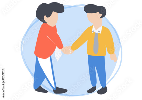 flat design businessman shake hands and congratulations with employee who work successfully. data analytics and marketing planning. goal and success concept.