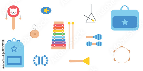 Hand drawn toy musical instruments for kids. Flat vector illustration