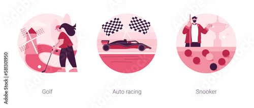 Professional sport abstract concept vector illustration set. Golf, formula 1 and snooker, extreme driving, mini golf championship, country club, pool game, biliard cue stick, race abstract metaphor.