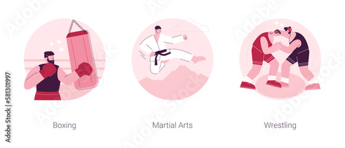 Combat sport abstract concept vector illustration set. Boxing, martial arts, wrestling training, boxer glove and ring, fight club, karate class, self-defense, professional fighter abstract metaphor.