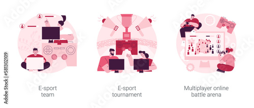 Gaming platform abstract concept vector illustration set. E-sport team and tournament streaming, multiplayer online battle arena, online sport league, game official event abstract metaphor.