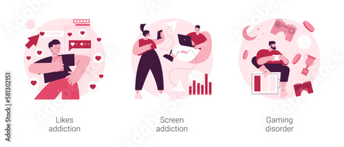 Digital overload abstract concept vector illustration set. Likes and screen addiction, social media, gaming disorder, selfie posting, video game addict, mental health problem abstract metaphor.