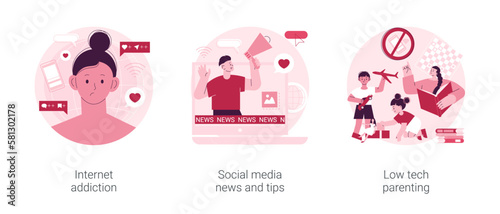 Living online abstract concept vector illustration set. Internet addiction, social media news and tips, low tech parenting, digital overload, screen time limits, internet overuse abstract metaphor.
