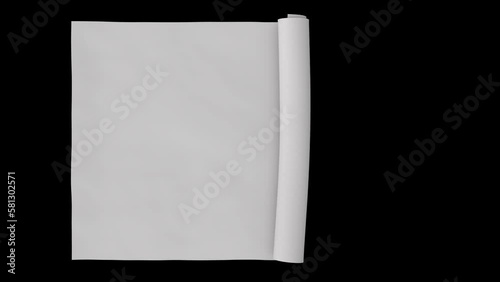 isolated Roll up and roll down white paper from center with alpha and RBG pass channel.2 background texture. 4K motion animation rendered.