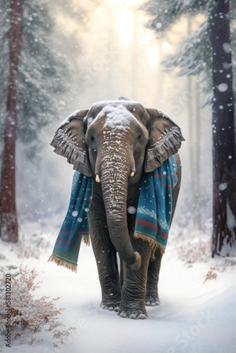 A Beautiful Cheerful Funny Encounter in a Winter Wonderland  A Elephant Animal in a Long Colorful Scarf Races in Beautifully Snowy Serene Glacial Pine Forest  generative AI 