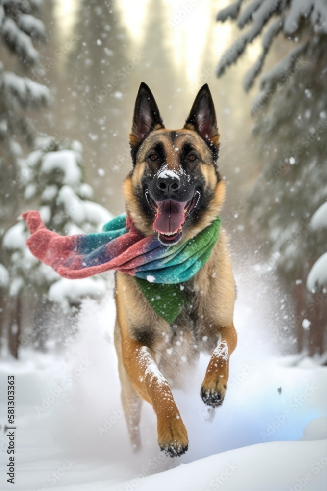 A Beautiful Cheerful Funny Encounter in a Winter Wonderland: A Belgian Malinois dog Animal in a Long Colorful Scarf Races in Beautifully Snowy Serene Glacial Pine Forest (generative AI) A Beautiful Cheerful Funny Encounter in a Winter Wonderland: A Belgian Malinois dog Animal in a Long Colorful Scarf Races in Beautifully Snowy Serene Glacial Pine Forest (generative AI)