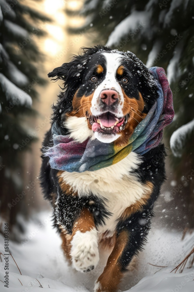 A Beautiful Cheerful Funny Encounter in a Winter Wonderland: A Bernese Mountain Dog dog Animal in a Long Colorful Scarf Races in Beautifully Snowy Serene Glacial Pine Forest (generative AI)